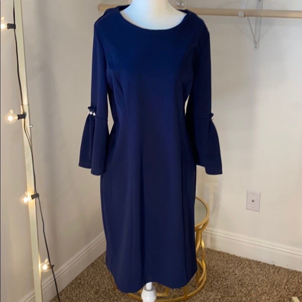 Beautiful navy dress w pearl beaded ruffle sleeve